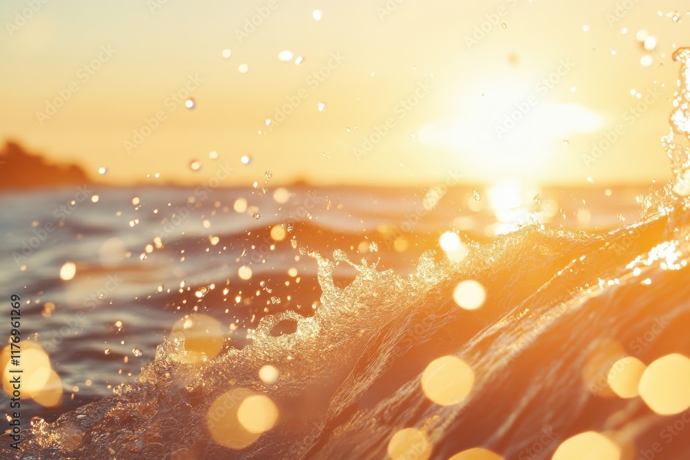 Poster dynamic person riding a jetski at full speed, creating water splashes during golden hour with an exp