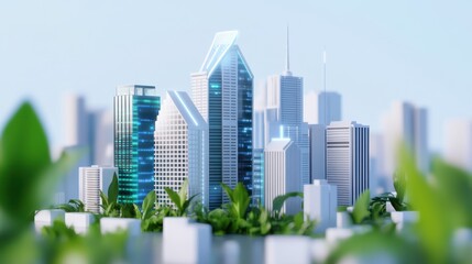 Fototapeta premium Futuristic city skyline with greenery in the foreground.
