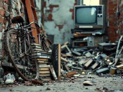 Old bicycle, books and vhs leaning on brick wall in abandoned building with vintage tv