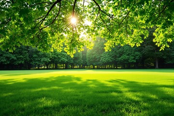 Obraz premium Bright green park scene with sunlight filtering through tree branches.