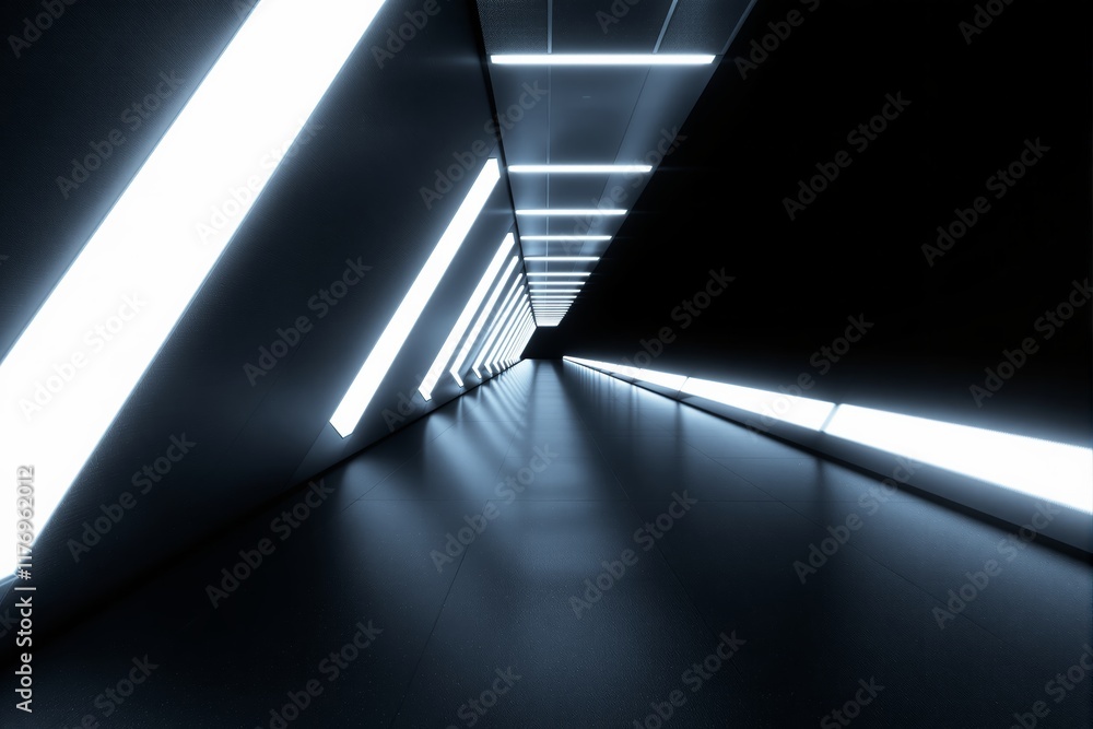 Poster futuristic hallway with neon lights creating depth and perspective.