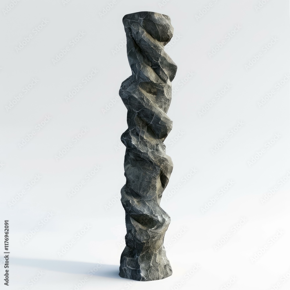 Poster stone column with twisted shape standing on white background, creating an ancient or fantasy atmosph