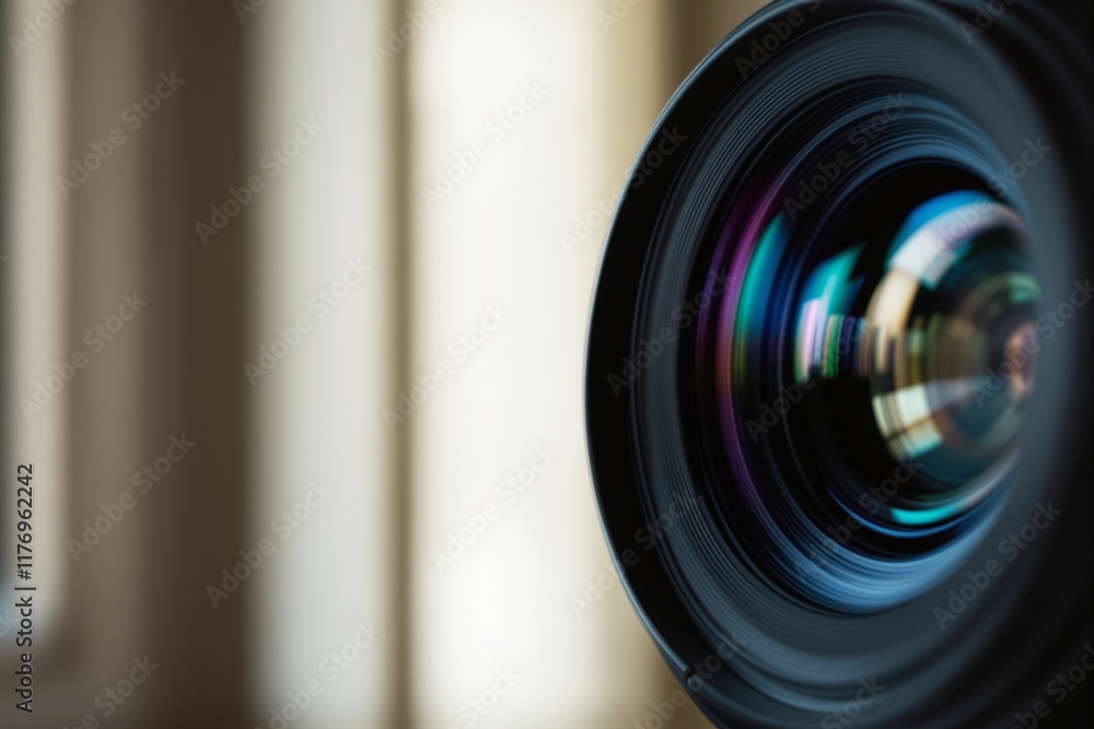 Poster close-up of a camera lens with light reflections on its surface in a soft blurred background. concep