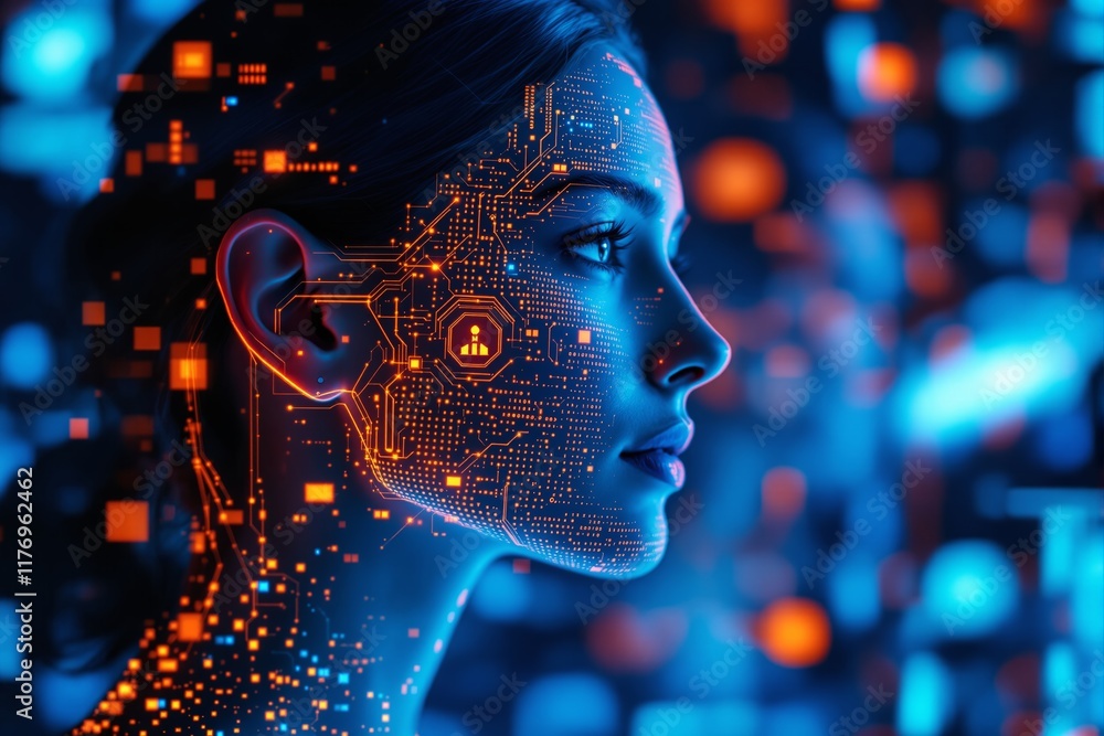 Aufkleber Futuristic face with illuminated circuit patterns on blue and orange digital background.