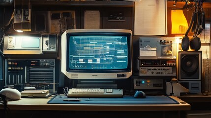 Desktop with speakers and monitor