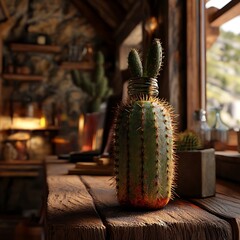 A bottle designed as a cactus, complete with small spines, sitting on a wooden desk in a cozy,...