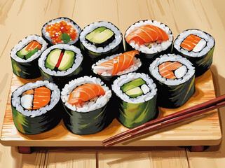 plate of japanese sushi rolls vector illustration