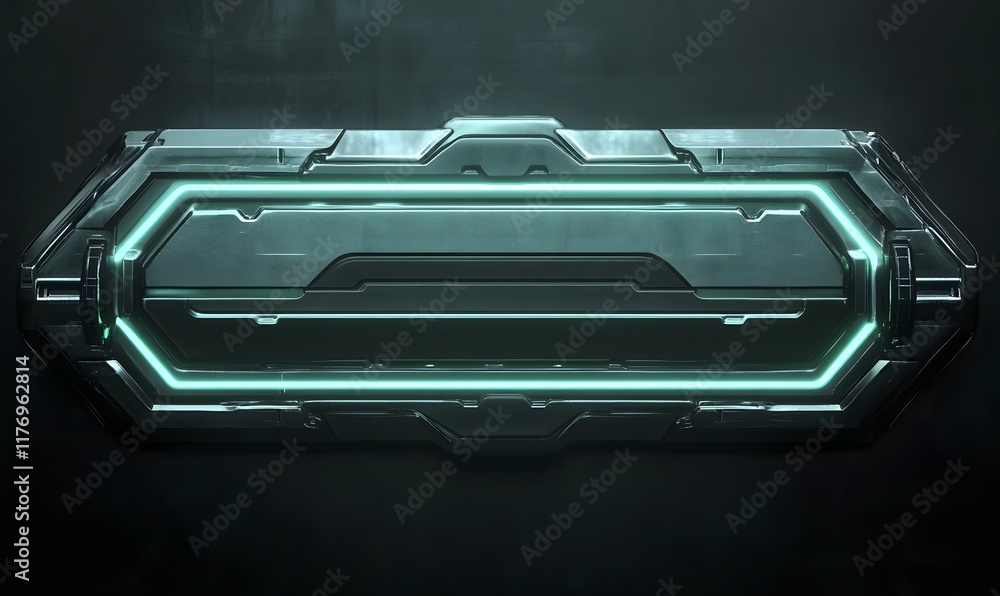 Poster futuristic glowing box with segmented design on dark background.