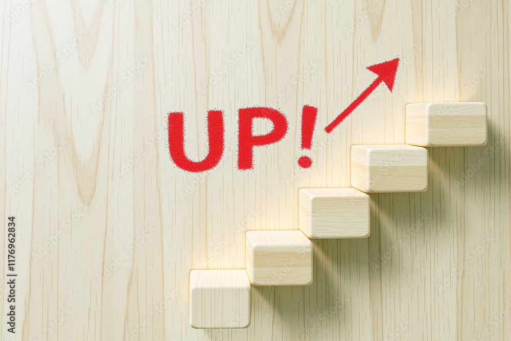 Poster Steps leading up with the word UP! highlighted in red on a wooden background.
