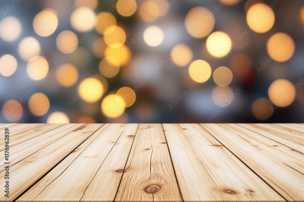 Poster Wooden table surface with blurred warm bokeh lights in the background for product presentation or display.
