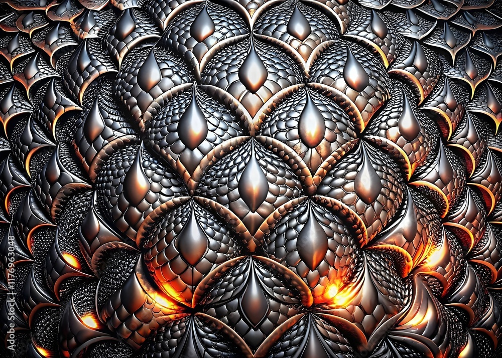 Poster intricate metallic texture reflective patterns depths shadows