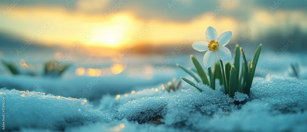 Poster emerging snowdrop symbol of resilience and spring renewal