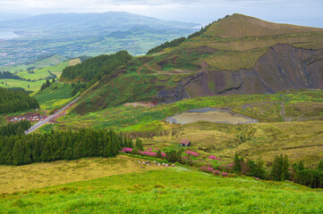 View of Volcano Lake Lagoa do Carvão, Sete Cidades, Sao Miguel, Azores, Portugal. Atlantic ocean...