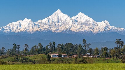 Snow-capped mountains rise majestically above a lush green landscape during daytime