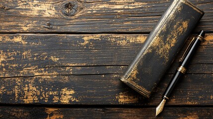 Elegant black leather case and fountain pen on a rustic wooden table surface