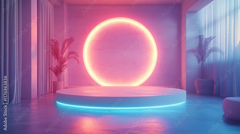 Poster a futuristic 3d podium with a glowing circular design serves as a high-tech stage for a product disp