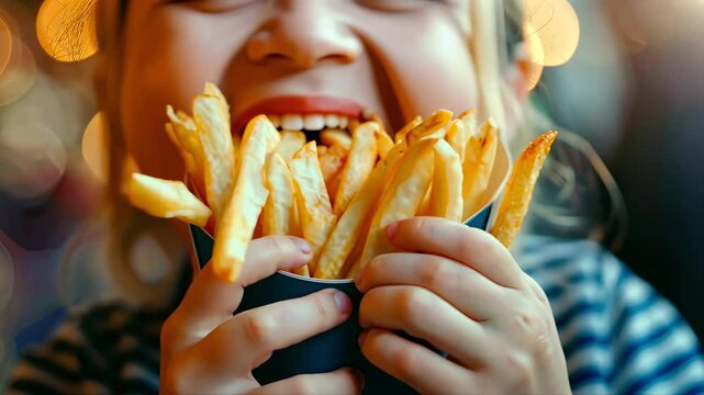 the child eats french fries. Selective focus