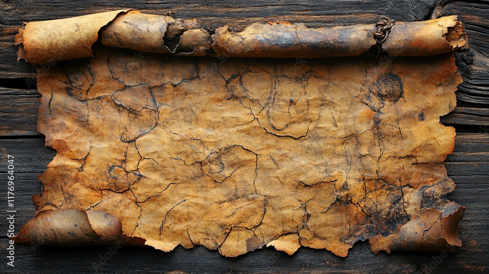 Poster ancient scroll on a rustic wood surface, highlighting intricate textures
