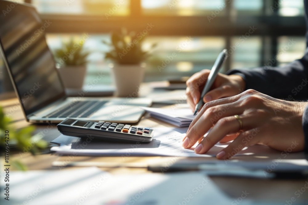 Poster close-up of hands writing on papers near a laptop and calculator on a desk with sunlight streaming t