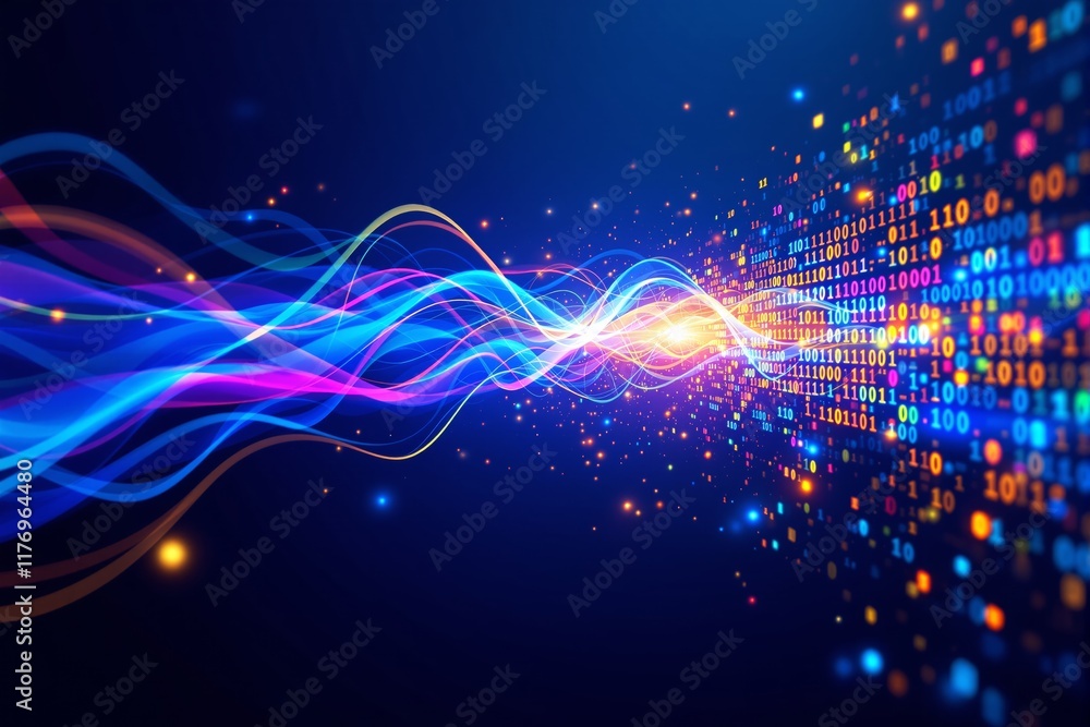 Poster Vibrant digital streams of light flowing into binary code.