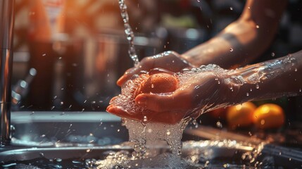 Fototapeta premium Washing hands under clean running water in kitchen sink for hygiene and freshness