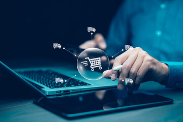 online shopping concept, marketplace website with virtual interface of online Shopping cart part of the network, Online shopping business with selecting shopping cart.