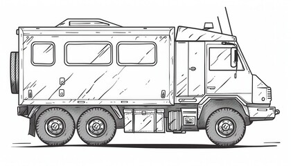 A rugged off-road truck converted into a mobile home or expedition vehicle. Ideal for overland travel or remote work.