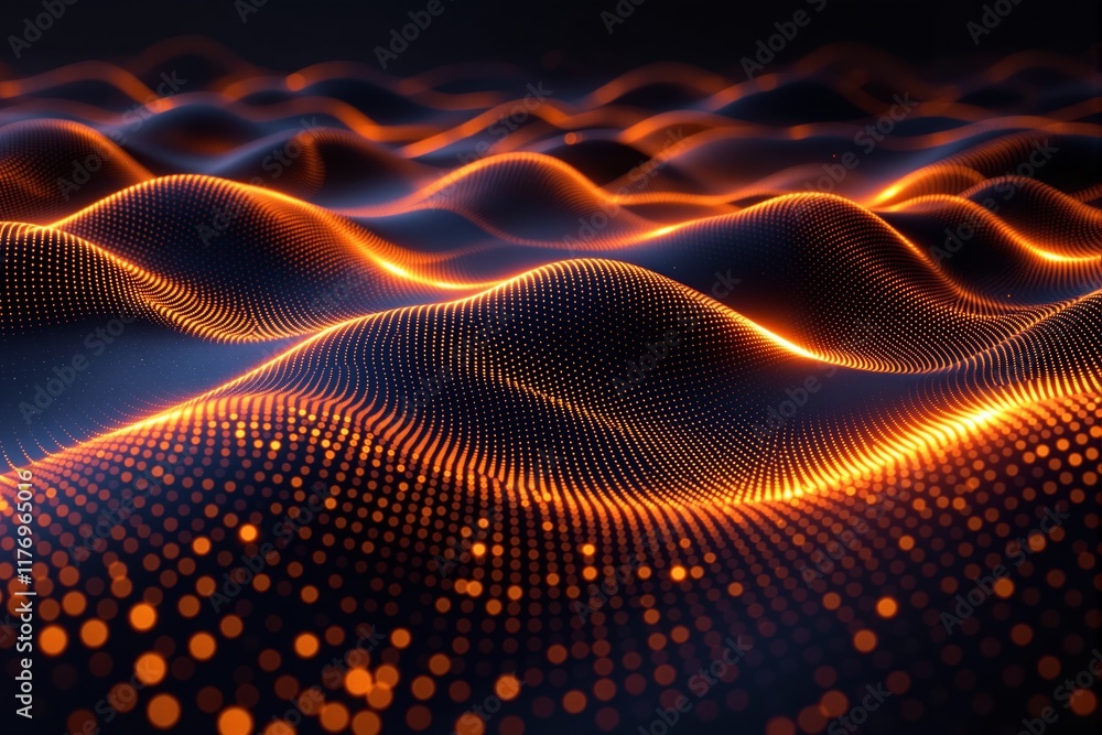 Poster abstract glowing wave made of orange dots on dark background.