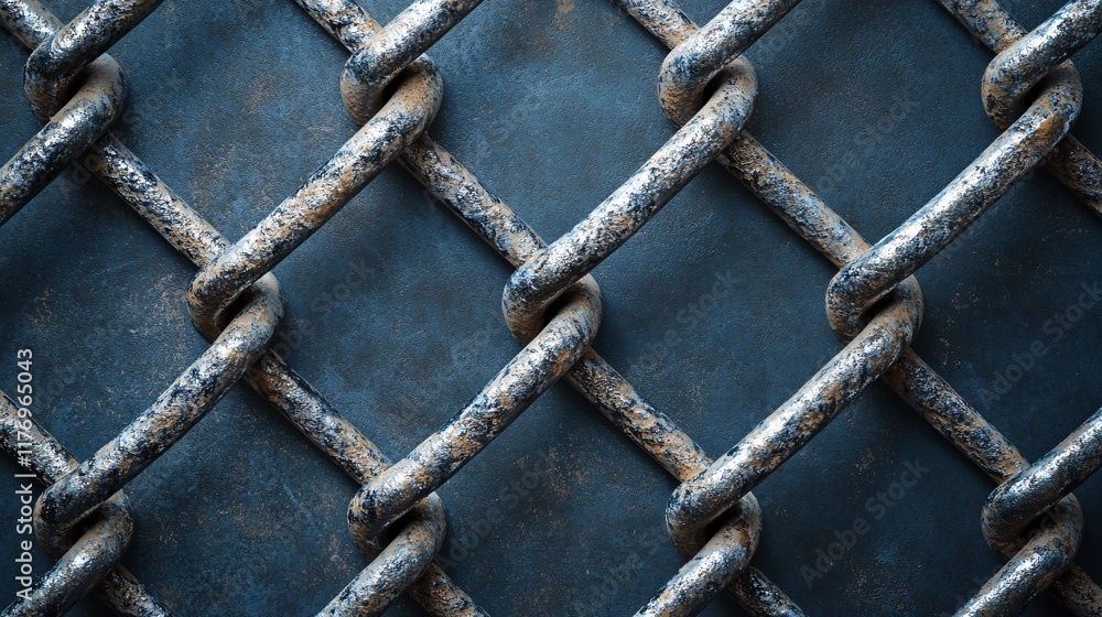 Poster Rusty metal chains create a textured pattern on a blue background