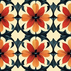 A vibrant floral pattern featuring orange and red flowers on a cream background, creating a decorative and eye-catching design.