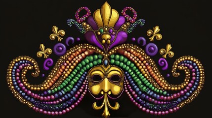 Fototapeta premium Rainbow label made with bead strings, Fleur de Lis sign, carnival golden venetian face mask in jester tomfool hat. Design element with text for Mardi Gras decoration.