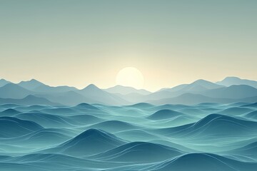 Fototapeta premium Serene landscape of rolling waves at sunset, evoking calm and tranquility.