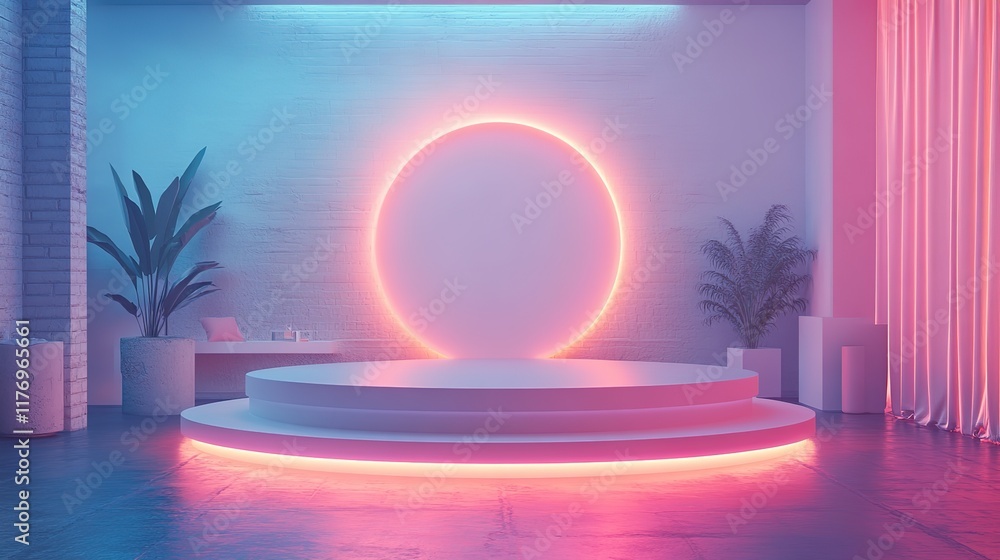 Poster a futuristic 3d podium with a glowing circular design serves as a high-tech stage for a product disp