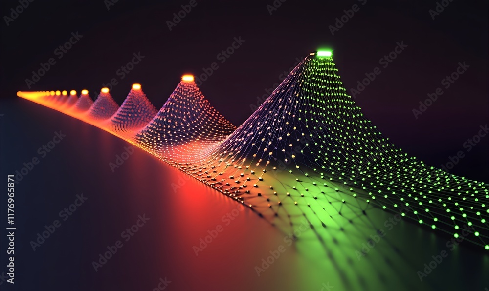 Poster abstract glowing network bridge with gradient colors on dark background.