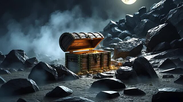 Treasure Chest Illuminated by Moonlight, Surrounded by Fog and Rocks, Overflowing with Gold Coins


