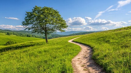 Obraz premium Scenic winding path through vibrant green fields under a blue sky with fluffy clouds