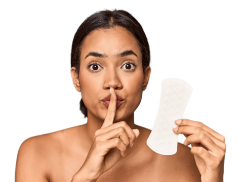 Filipino woman with sanitary pad in studio keeping a secret or asking for silence.