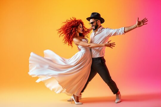 Dynamic couple dancing in vibrant attire with joyful expressions on colorful gradient background.
