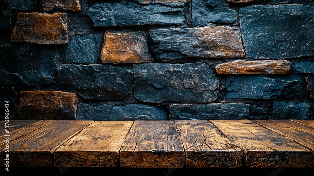Poster rustic wooden table in front of a textured stone wall with rich color tones