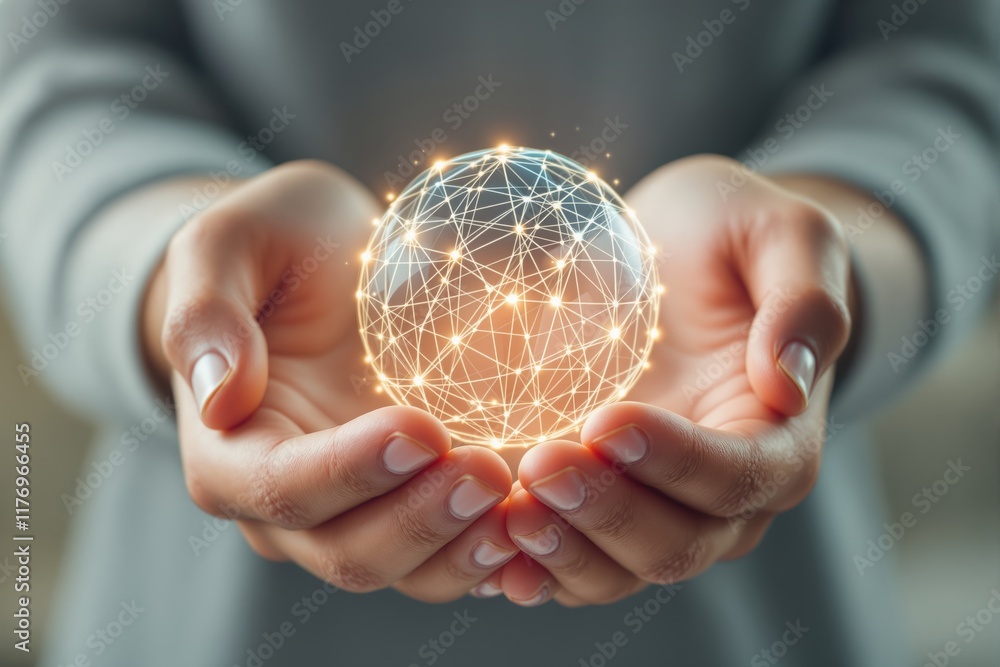 Poster Hands holding glowing network sphere with abstract connections on blurred background.