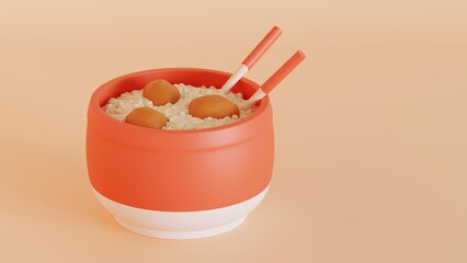 Japanese rice food with meat in the bowl with chopsticks 3d illustration on isolated background with space for copy