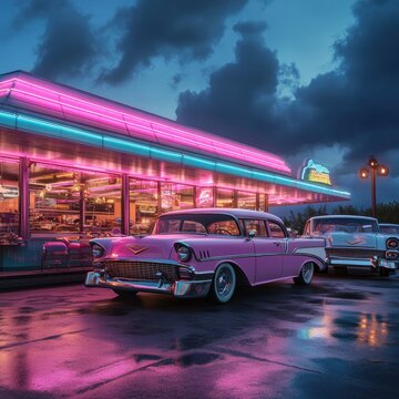 Fototapeta Classic 1950s American cars parked outside a retro diner glowing under neon lights at twilight. Generative AI