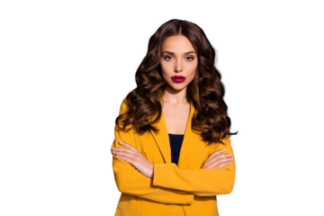 Photo of amazing glorious lovely lady with hands folded successful in business being isolated with purple background