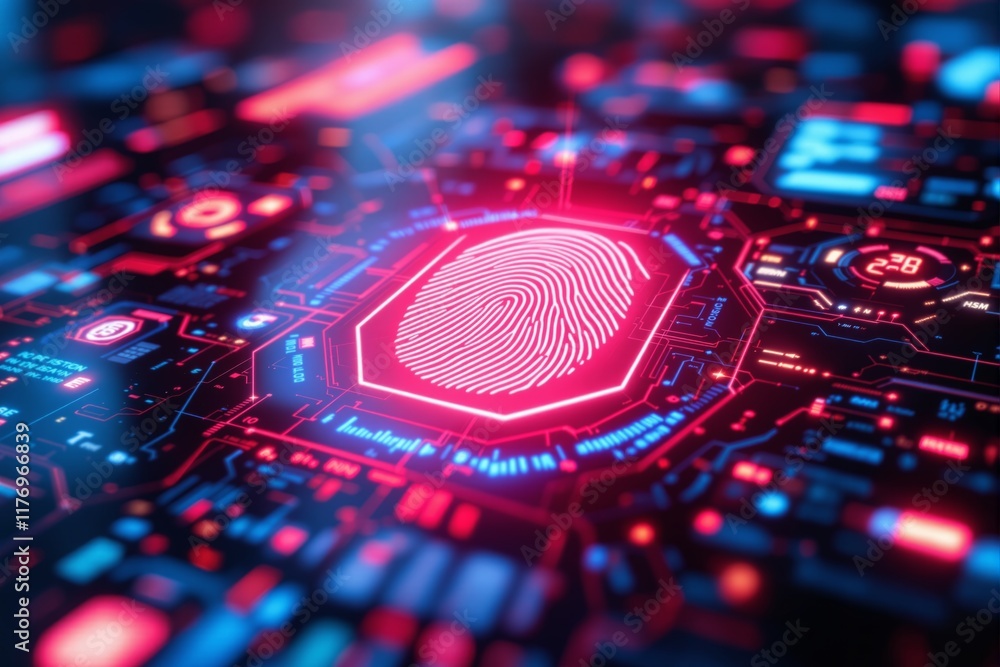 Poster Glowing fingerprint scanner on futuristic digital interface background.