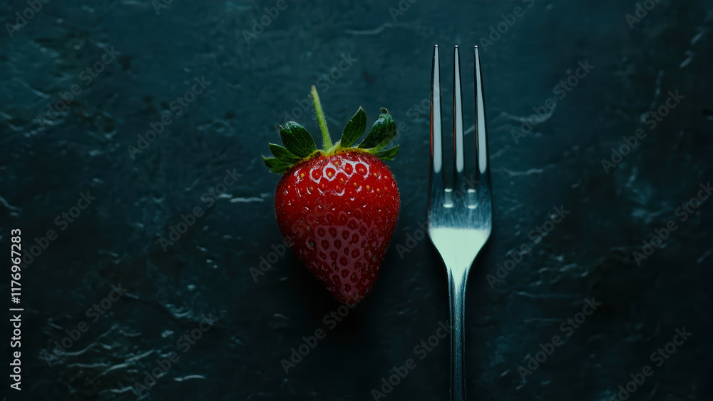 Aufkleber single strawberry displayed on a fork against a dark textured background highlighting simplicity and