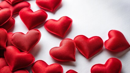 Red Fabric Hearts Scattered on White Background - Valentine's Day Stock Photo