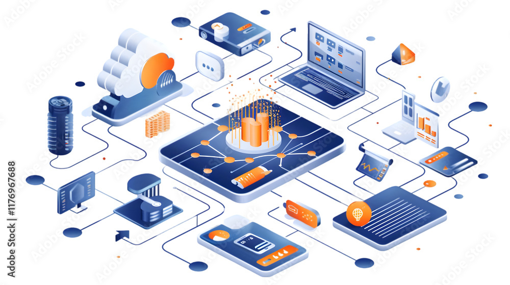 Poster data science. 3d isometric flat conceptual illustration. isolated on a transparent background