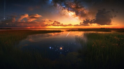 Obraz premium Dramatic sunset over calm lake with starry sky reflection.