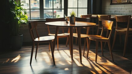 Fototapeta premium Minimalist interior with an empty wall, wooden chairs, a round table, and parquet flooring, showcasing a warm, contemporary design concept. 3D Rendering.