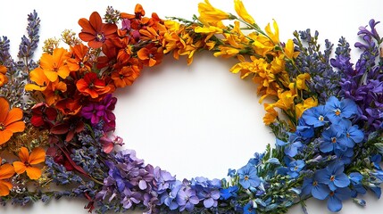 Rainbow flower wreath on white background for text or design.